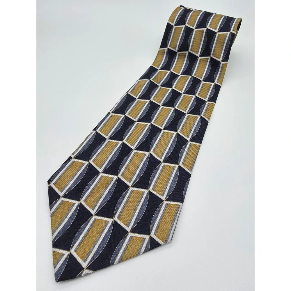 Zanzara Men's 100% Silk Gold Blue White Geometric Tie 59